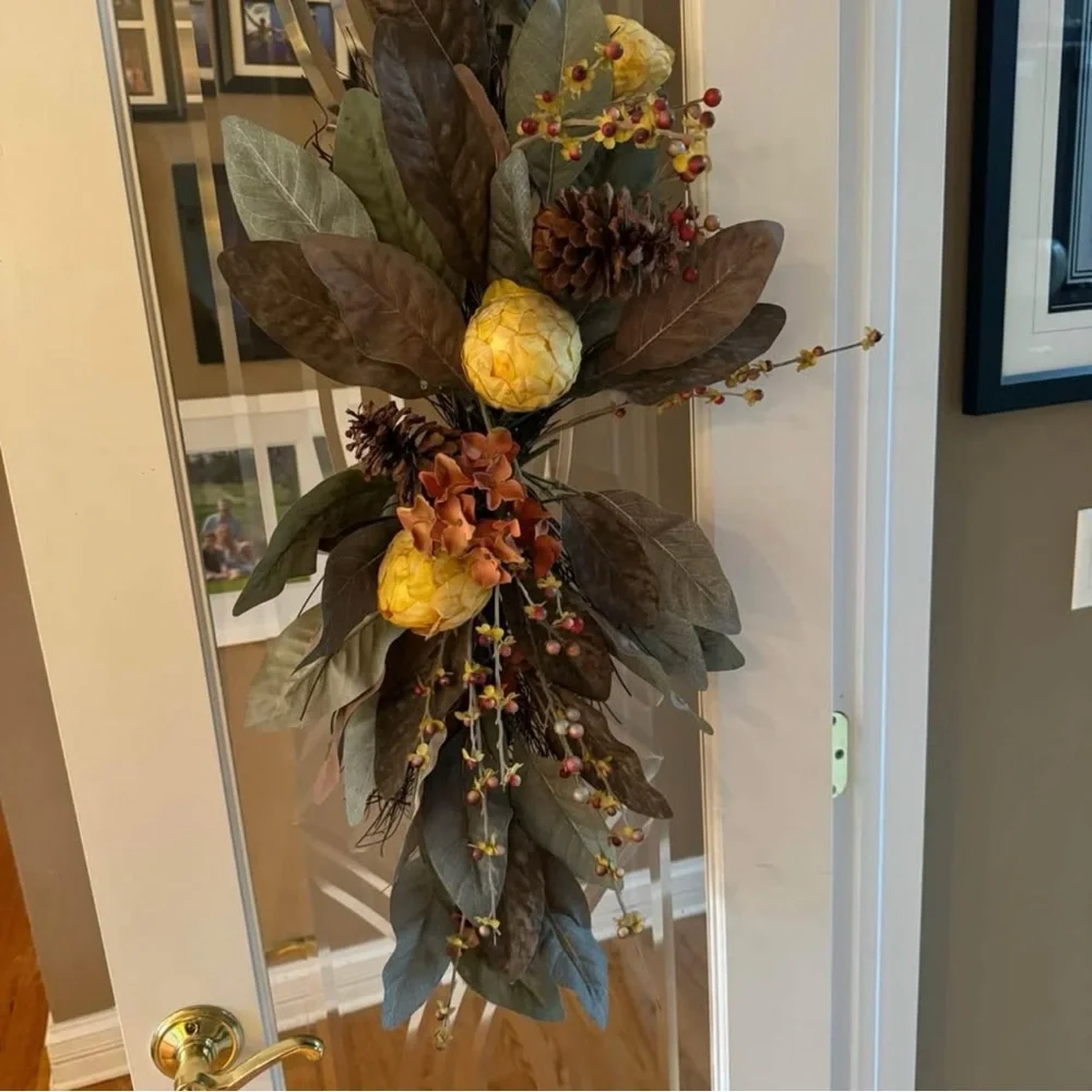 Fall Wreath Centerpiece Green Gold Brown Thanksgiving Faux Floral